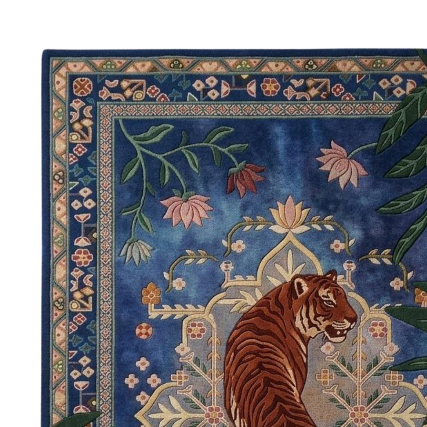 Artistic tiger area rug with navy base, green leaves, and intricate traditional detailing