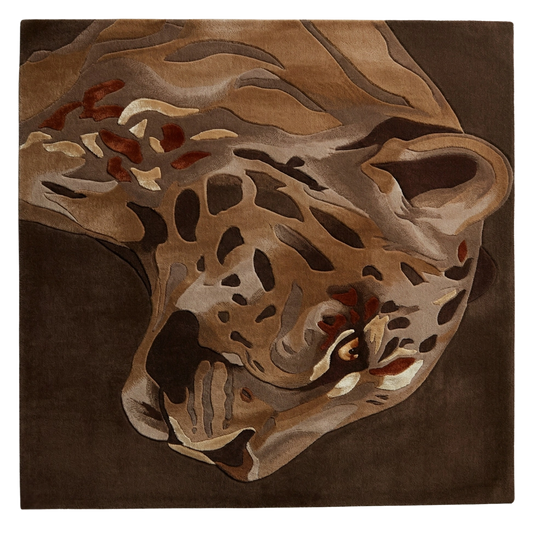 Realistic leopard face hand tufted wool rug in earthy tones, premium animal design area rug for contemporary home interiors