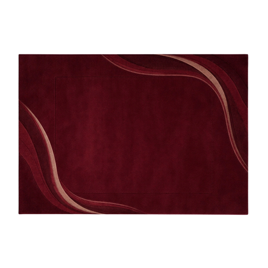 Modern burgundy hand-tufted rug with sculpted wave accents and minimal central field