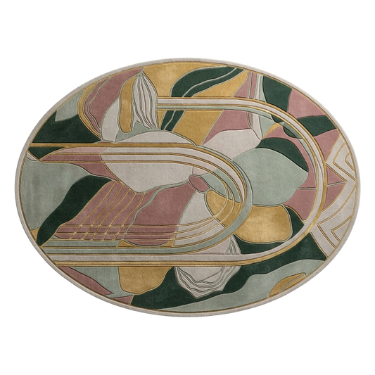 Oval modern wool rug with layered arch design and botanical abstract pattern