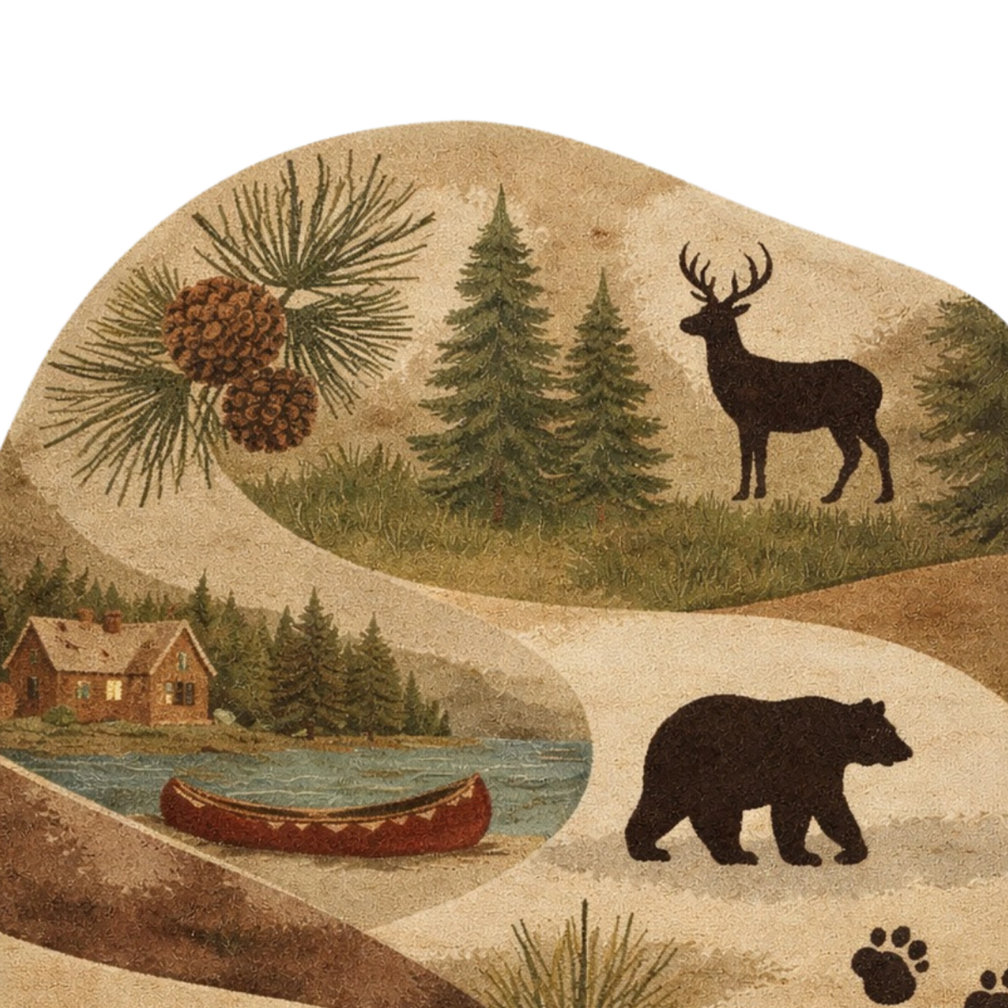Hand-tufted landscape rug featuring woodland animals, pinecones, and natural textures