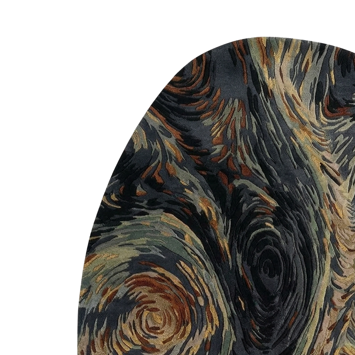 A close-up of a curved surface featuring a swirling, painterly pattern in dark charcoal, black, beige, and rust brown, shown against a plain white background.