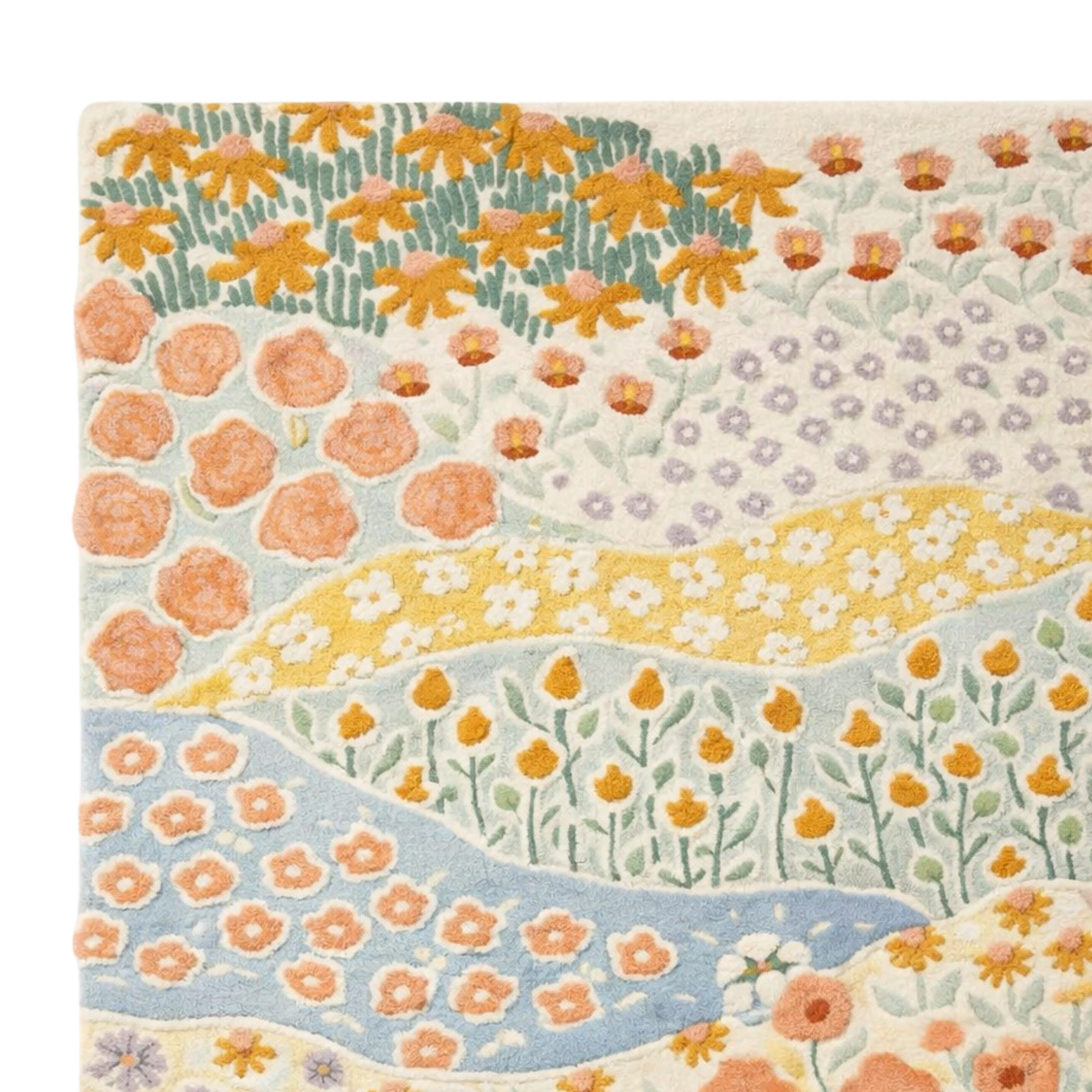 Colorful meadow floral hand tufted wool rug with layered design, premium pastel area rug for contemporary USA home decor