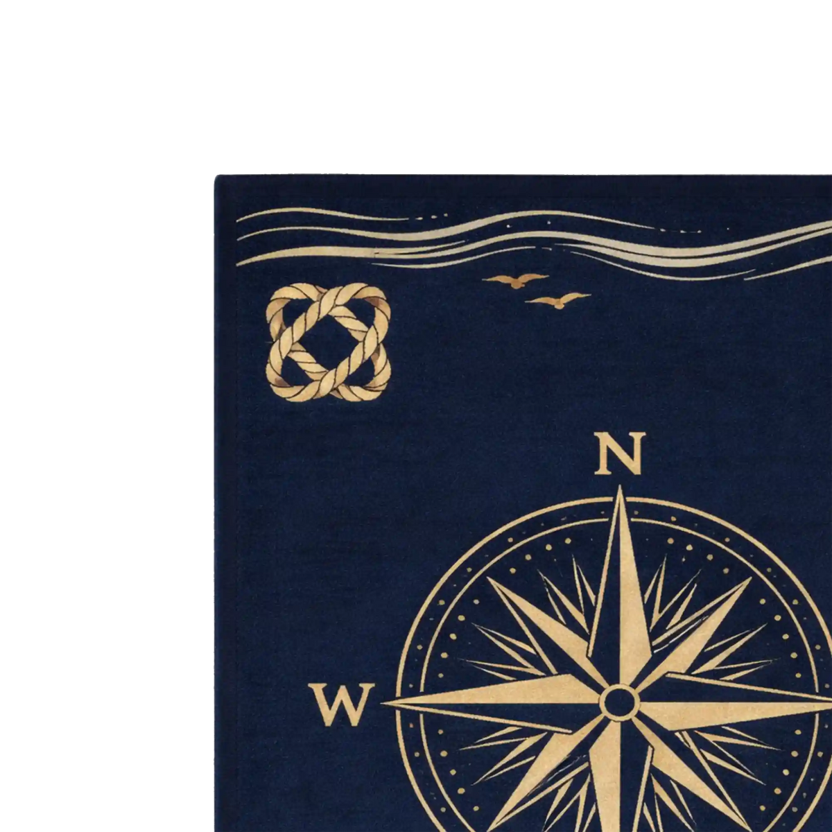 A close-up of a navy blue rug featuring a gold compass rose, a gold rope knot motif, and two small birds above wavy lines, shown against a white background.
