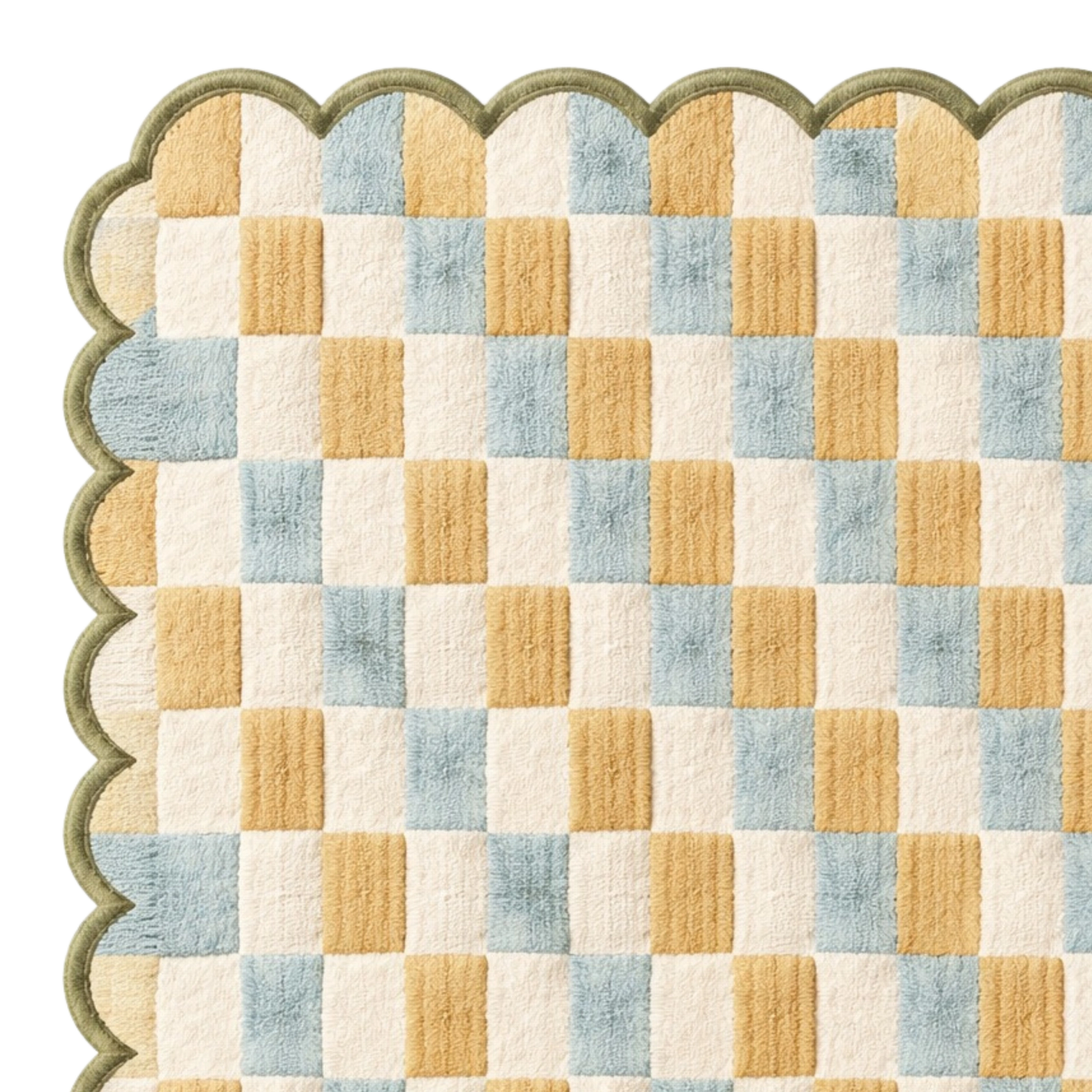 Blue and mustard checkered scalloped wool area rug, premium hand tufted rug for contemporary home decor and cozy spaces in USA homes