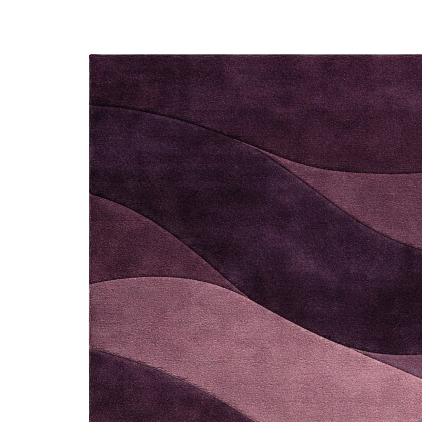 A close-up of a textured area rug featuring an abstract wavy pattern in shades of deep purple, plum, and mauve, shown against a plain white background.