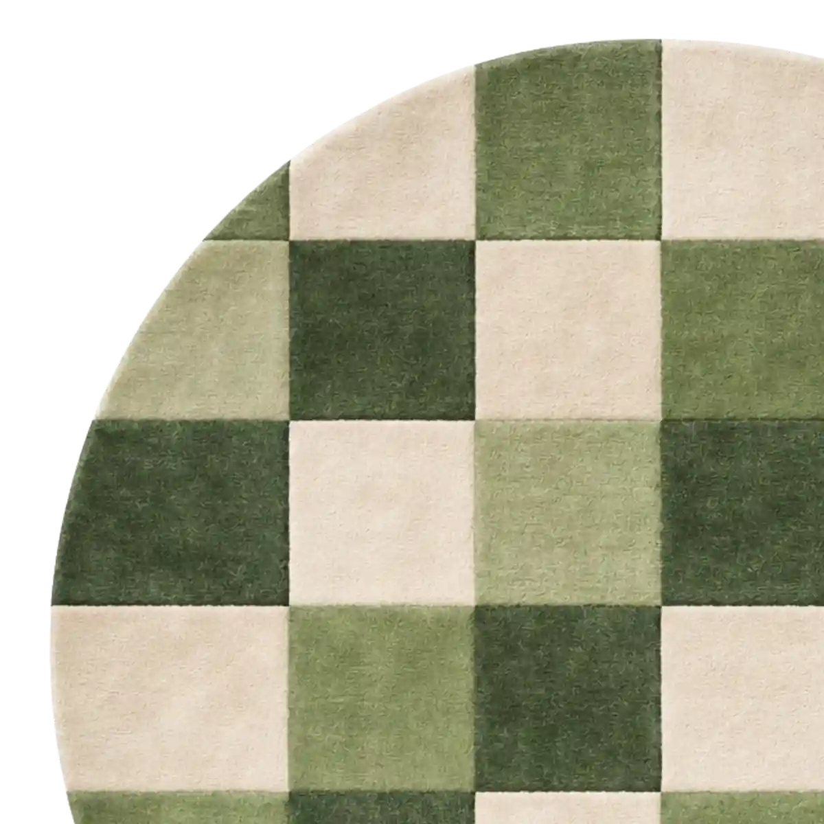Round checkered rug with green and beige squares on a white background