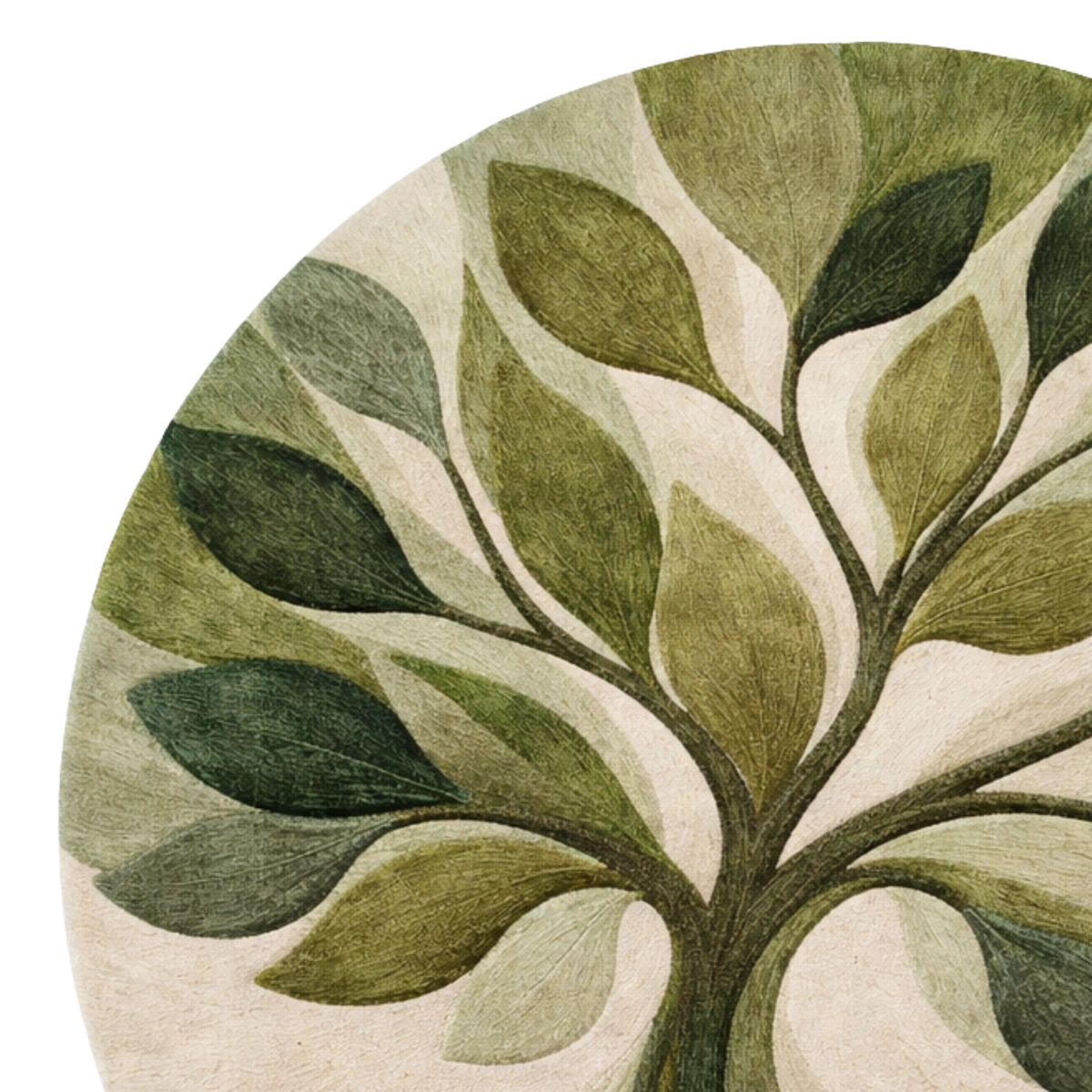 Round rug with green leaf pattern on a beige background