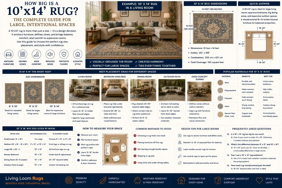 complete 10x14 rug size guide showing 120 by 168 inch dimensions, room placement ideas, material options, size comparisons, measurement tips, and FAQs