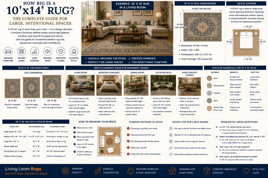 complete 10x14 rug size guide showing 120 by 168 inch dimensions, room placement ideas, material options, size comparisons, measurement tips, and FAQs