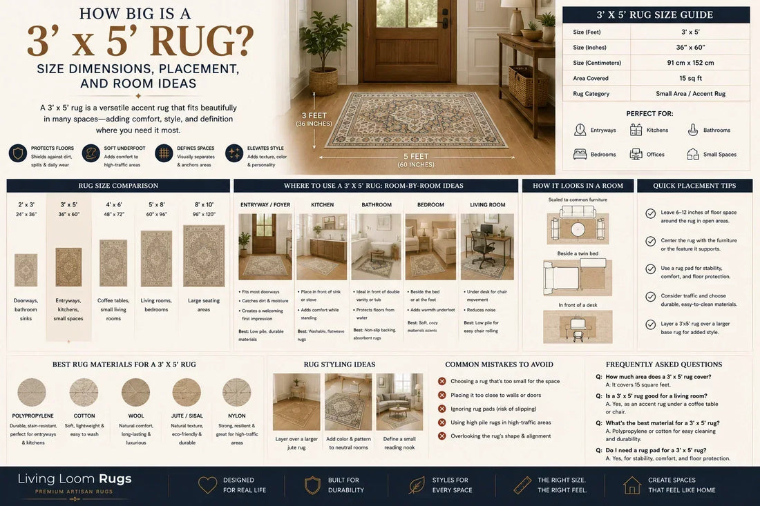 3x5 rug size guide showing 36 by 60 inch dimensions, room placement ideas, rug size comparisons, materials, and styling tips