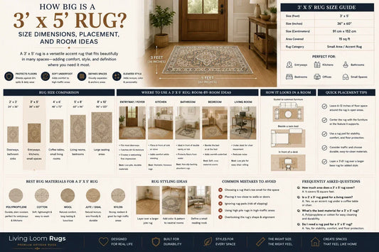 3x5 rug size guide showing 36 by 60 inch dimensions, room placement ideas, rug size comparisons, materials, and styling tips
