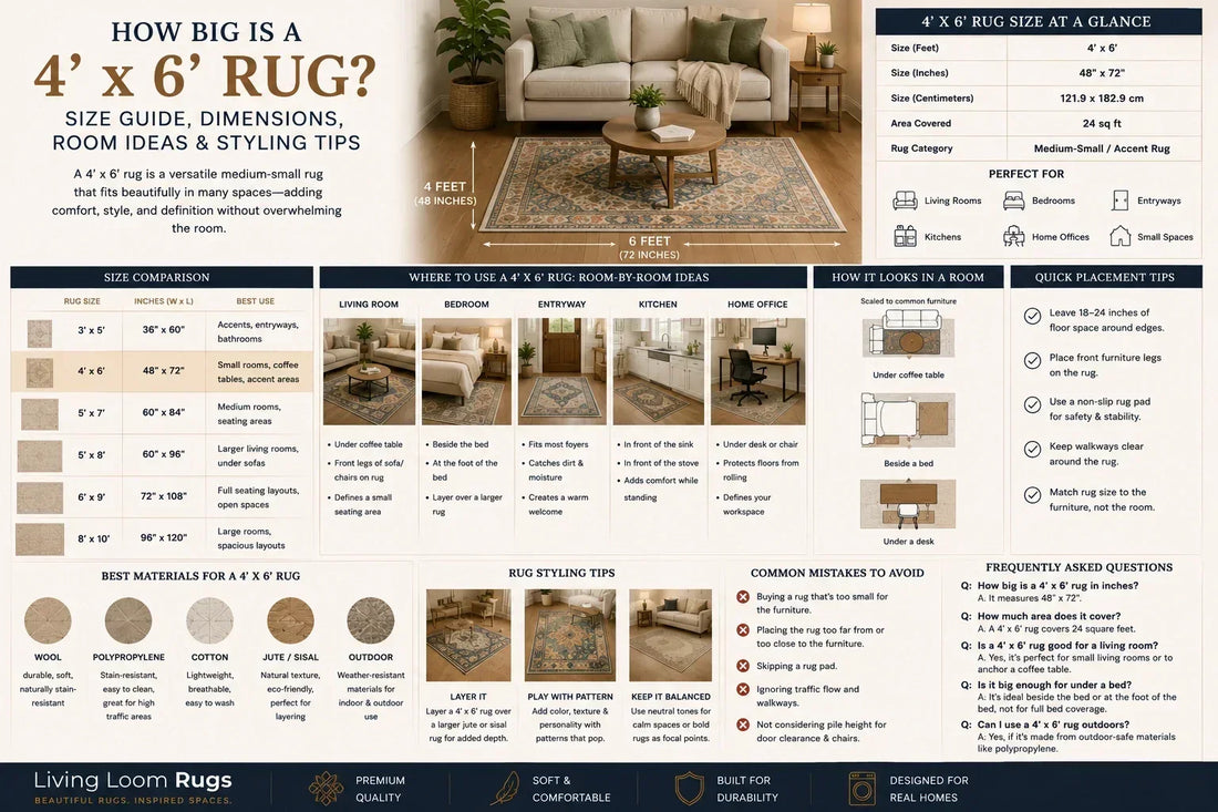 4x6 rug size guide showing 48 by 72 inch dimensions, room placement ideas, size comparison, materials, styling tips, and FAQs