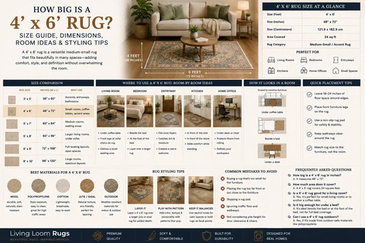 4x6 rug size guide showing 48 by 72 inch dimensions, room placement ideas, size comparison, materials, styling tips, and FAQs