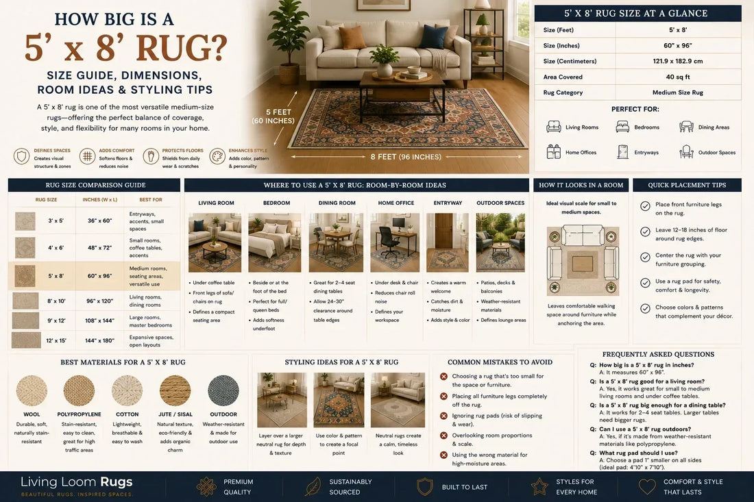 5x8 rug size guide showing 60 by 96 inch dimensions, room placement ideas, rug size comparisons, materials, styling tips, and FAQs