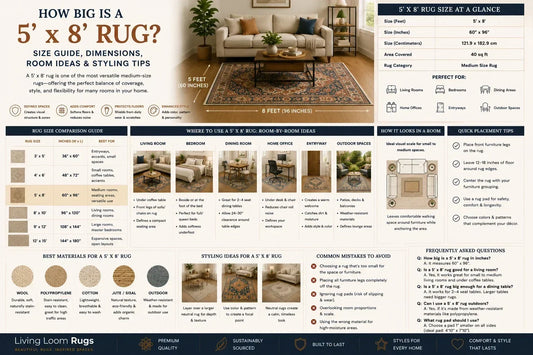 5x8 rug size guide showing 60 by 96 inch dimensions, room placement ideas, rug size comparisons, materials, styling tips, and FAQs