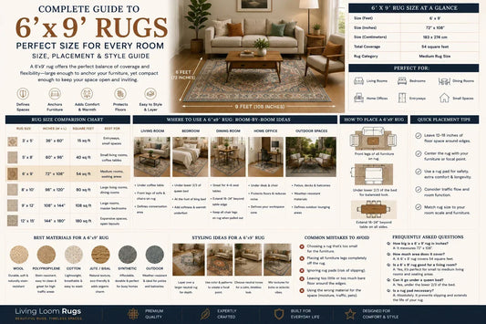 6x9 rug size guide showing 72 by 108 inch dimensions, room placement ideas, rug size comparisons, materials, styling tips, and FAQs