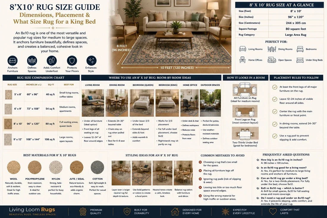 8x10 rug size guide showing 96 by 120 inch dimensions, room placement ideas, rug size comparisons, materials, styling tips, and king bed placement