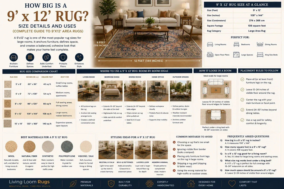 9x12 rug size guide showing 108 by 144 inch dimensions, room placement ideas, rug size comparisons, materials, styling tips, and king bed placement