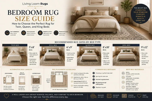 bedroom rug size guide showing recommended 5x8, 6x9, 8x10, and 9x12 rugs for twin, full, queen, and king beds