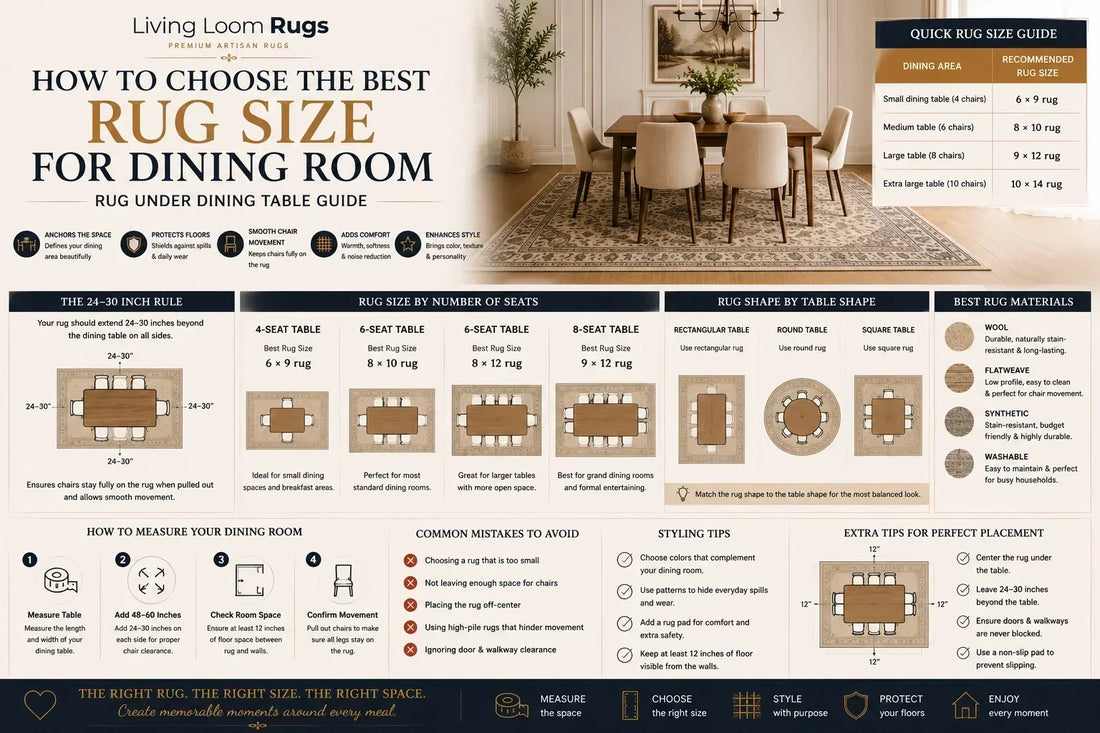dining room rug size guide showing recommended rug sizes by table seating, the 24 to 30 inch chair clearance rule, rug shapes, materials, and placement tips