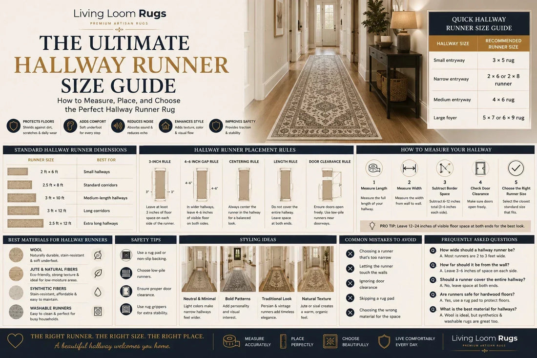 Hallway runner rug size guide showing standard runner dimensions, placement rules, measuring steps, materials, safety tips, and hallway styling ideas