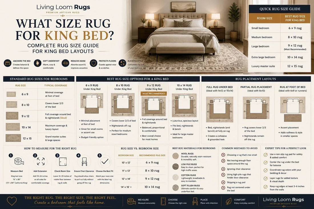 King bed rug size guide comparing 6x9, 8x10, 9x12, 10x14, and 12x15 rugs with bedroom placement layouts and measuring tips