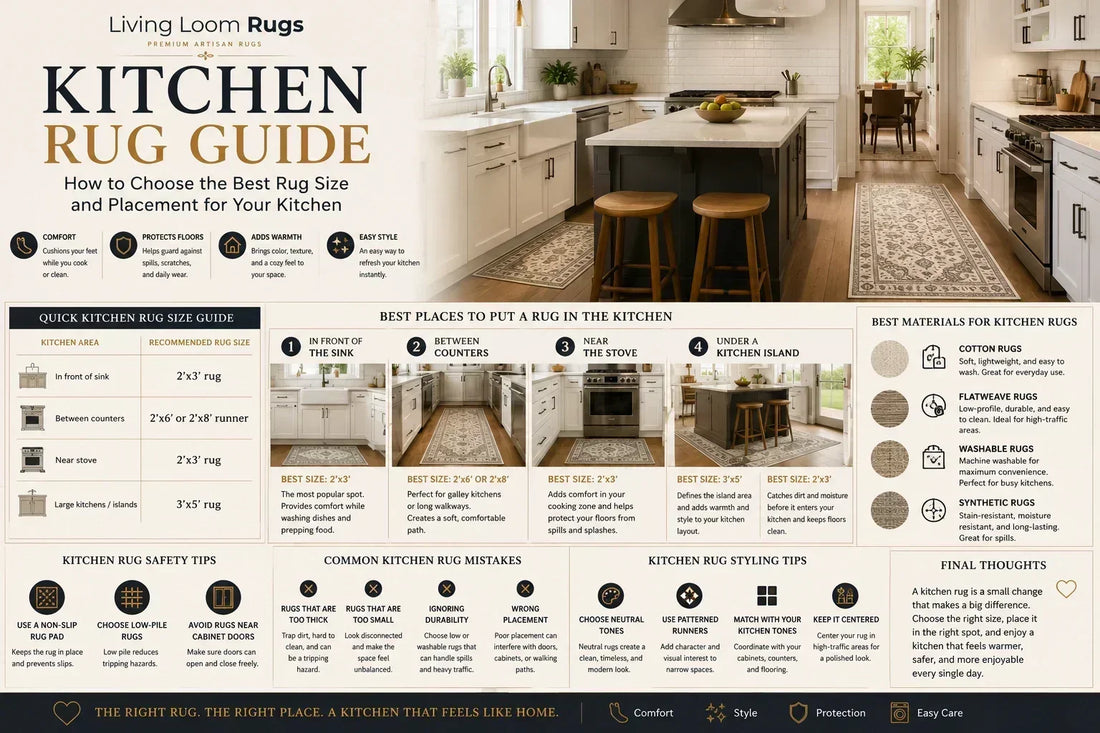 Kitchen rug size guide showing recommended rug sizes for sinks, counters, stoves, kitchen islands, runner placement, materials, and safety tips