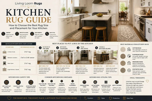 Kitchen rug size guide showing recommended rug sizes for sinks, counters, stoves, kitchen islands, runner placement, materials, and safety tips