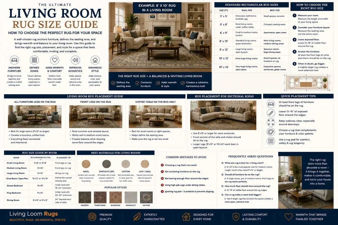 living room rug size guide showing standard rug sizes, sofa and sectional placement layouts, furniture anchoring rules, materials, and measuring tips
