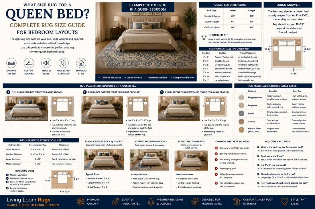 Queen bed rug size guide comparing 5x8, 6x9, 7x10, 8x10, and 9x12 rugs with bedroom placement options, measurements, materials, and styling tips