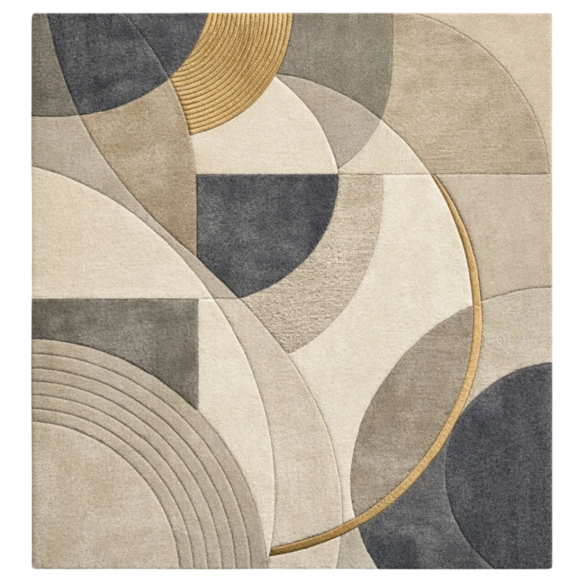 Geometric patterned rug with circular shapes in beige, gray, and gold on a white background