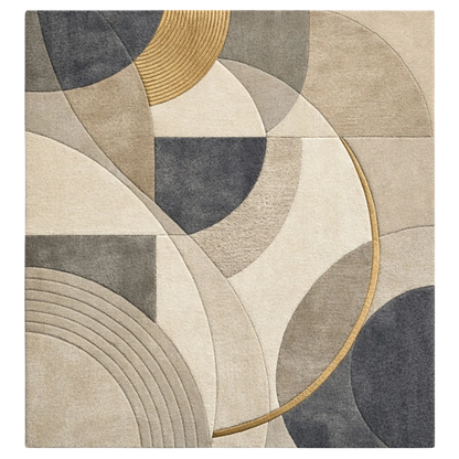Geometric patterned rug with circular shapes in beige, gray, and gold on a white background