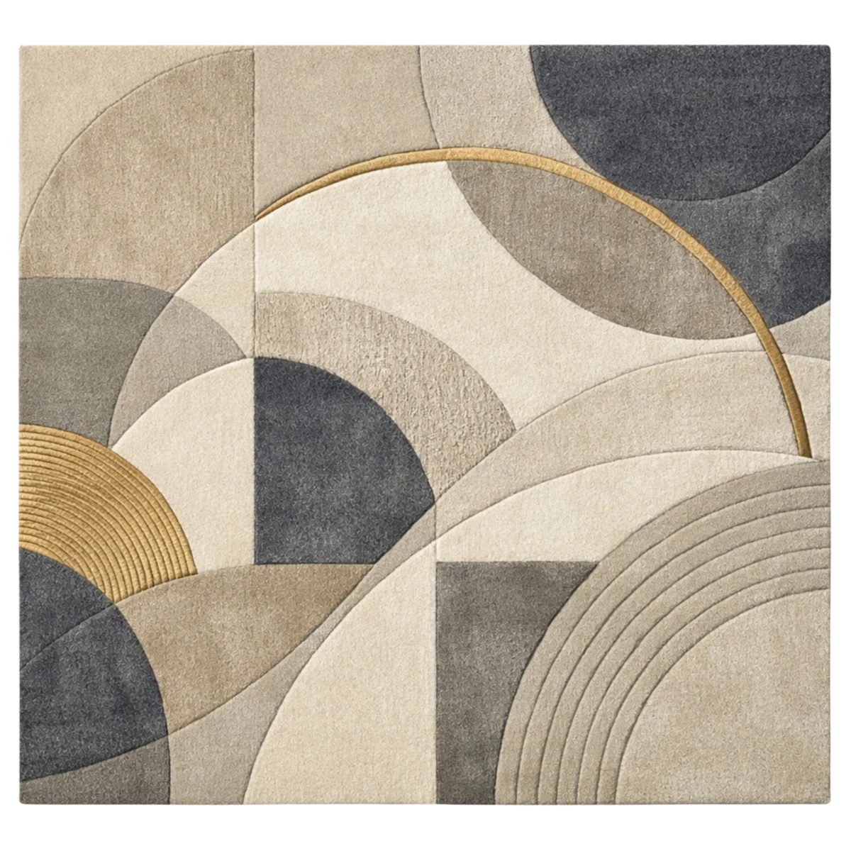 Geometric patterned rug with circular shapes in beige, gray, and gold on a white background