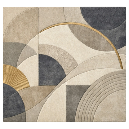 Geometric patterned rug with circular shapes in beige, gray, and gold on a white background