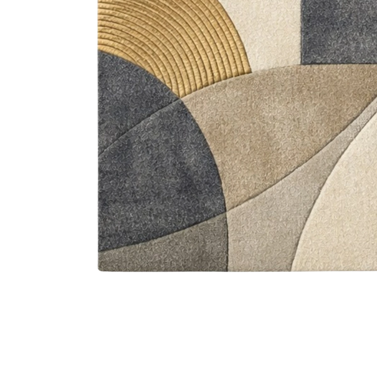 Close-up of a geometric patterned rug with circular shapes in brown, beige, and gray.