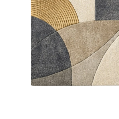 Close-up of a geometric patterned rug with circular shapes in brown, beige, and gray.