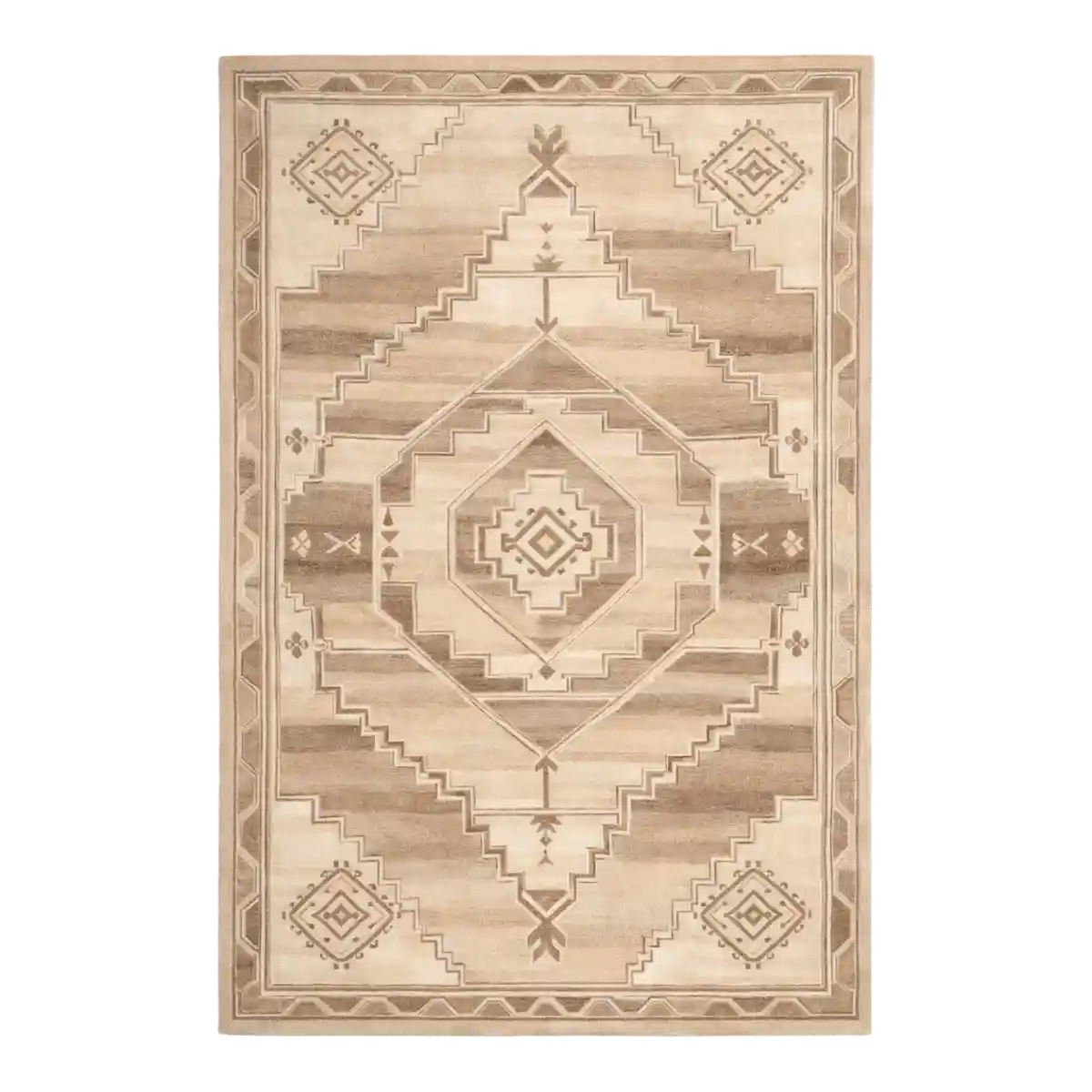 Beige area rug with geometric pattern on a white background