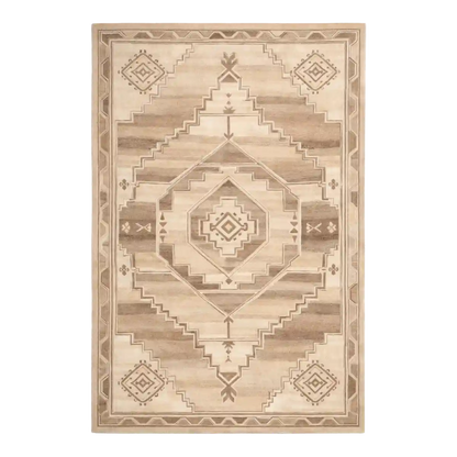 Beige area rug with geometric pattern on a white background