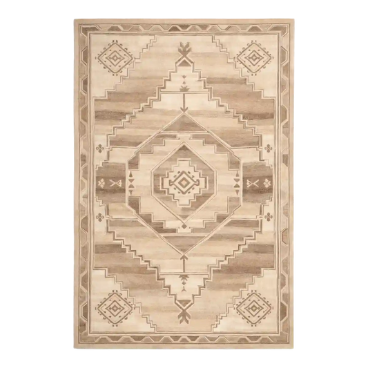 Beige area rug with geometric pattern on a white background