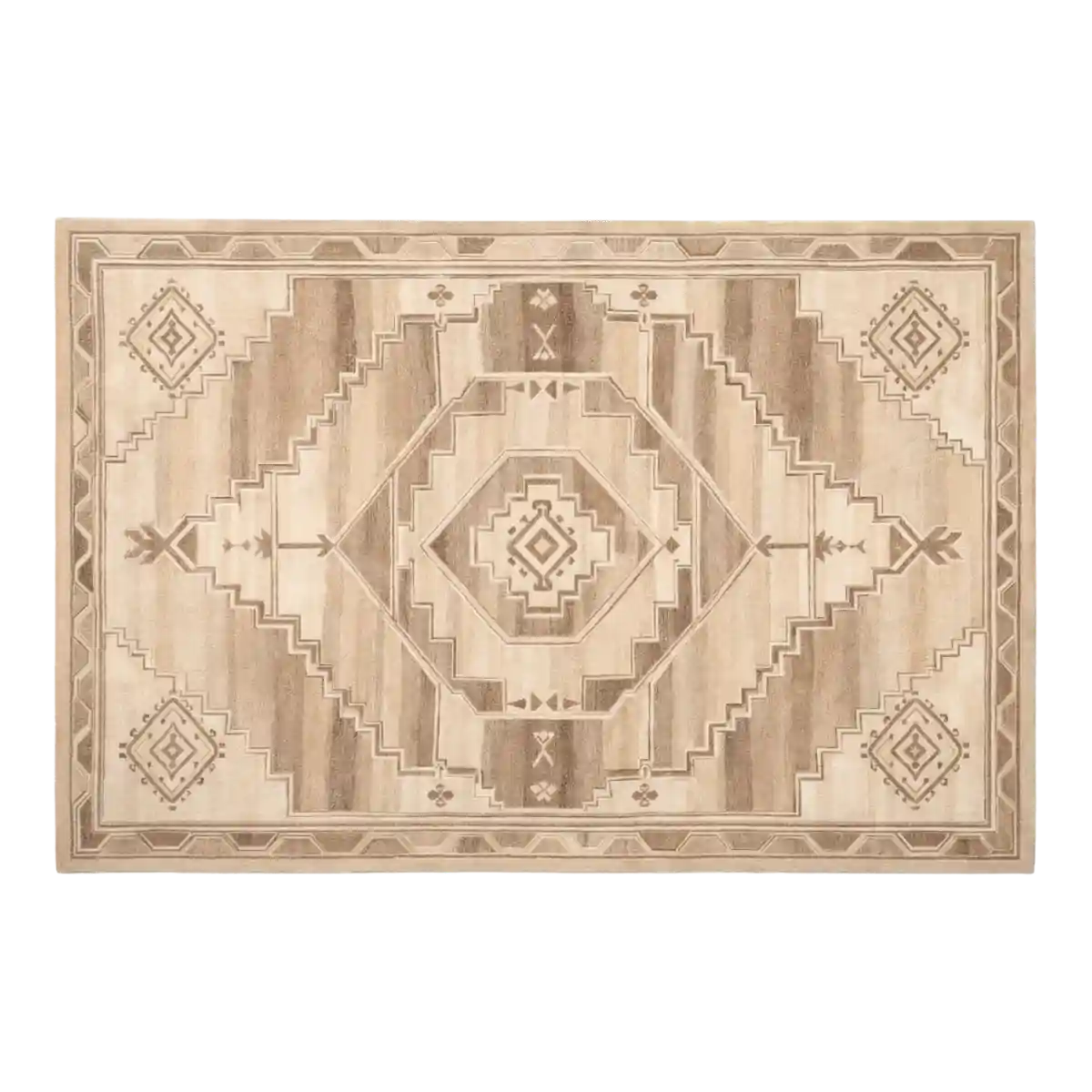 Beige area rug with geometric pattern on a white background