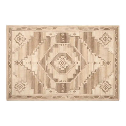 Beige area rug with geometric pattern on a white background