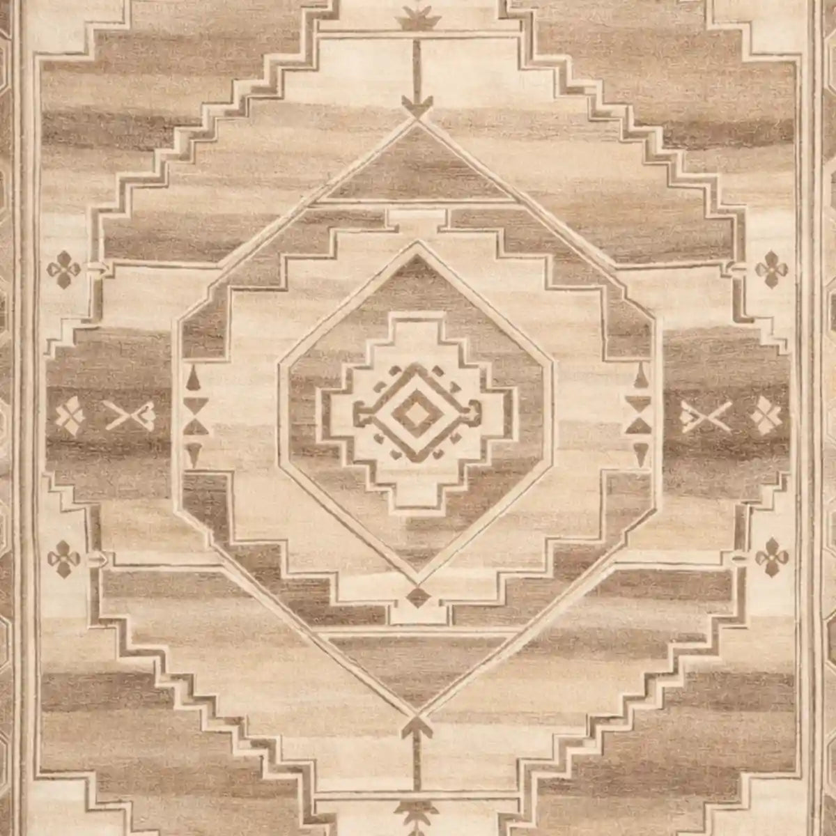 Close-up of a patterned rug with geometric design in neutral colors.