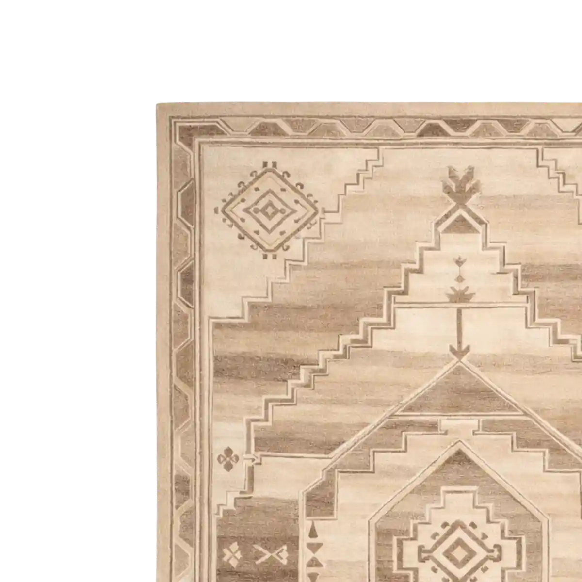 Beige area rug with geometric pattern on a white background