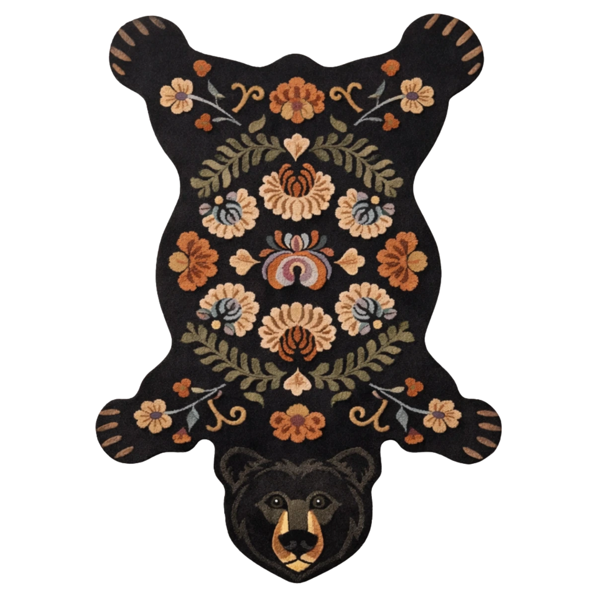 Bear-shaped black hand-tufted wool rug with colorful folk art floral design