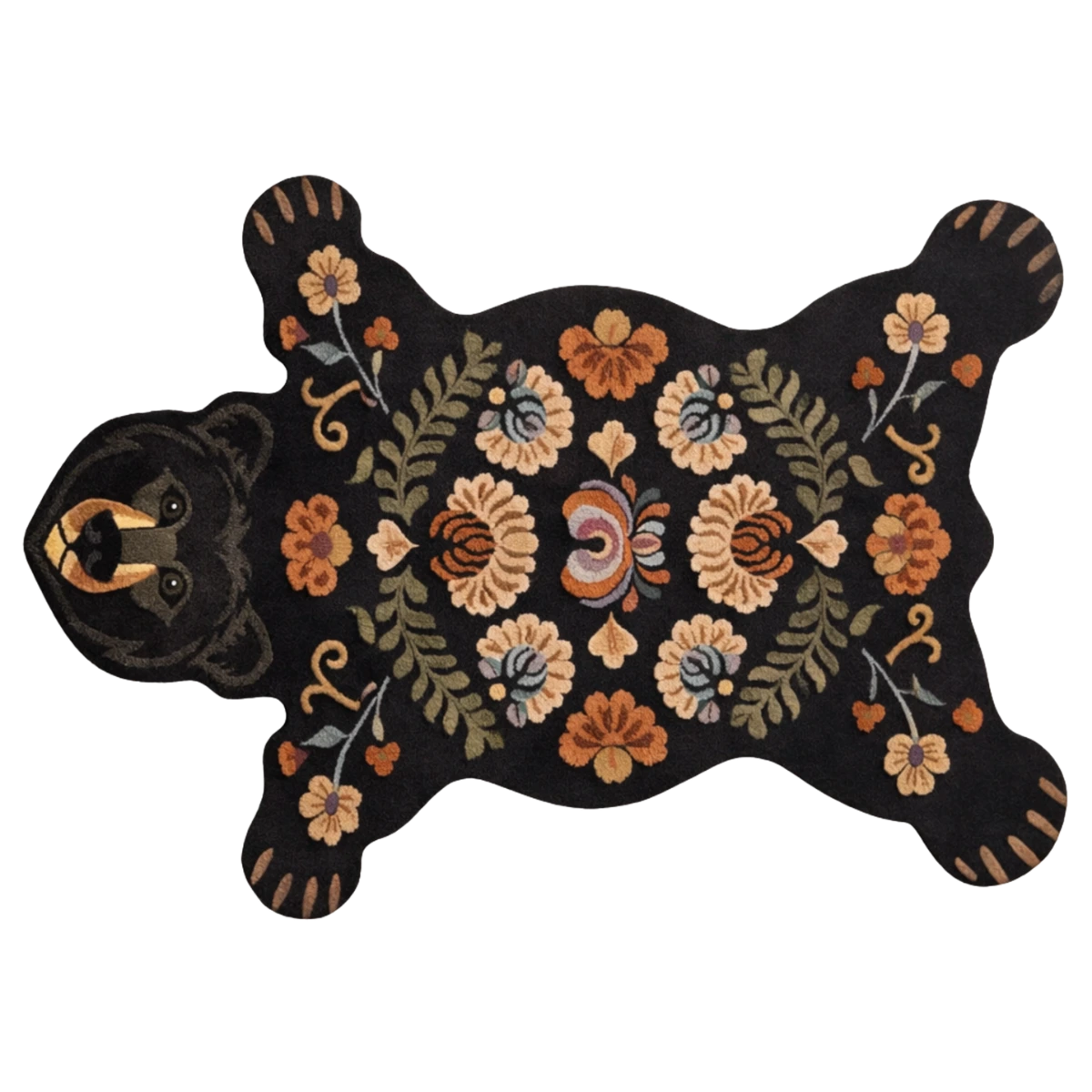 Close-up of bear rug featuring handcrafted floral details and premium wool texture