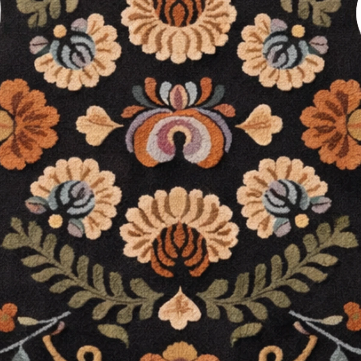 Patterned fabric with floral and leaf designs on a black background