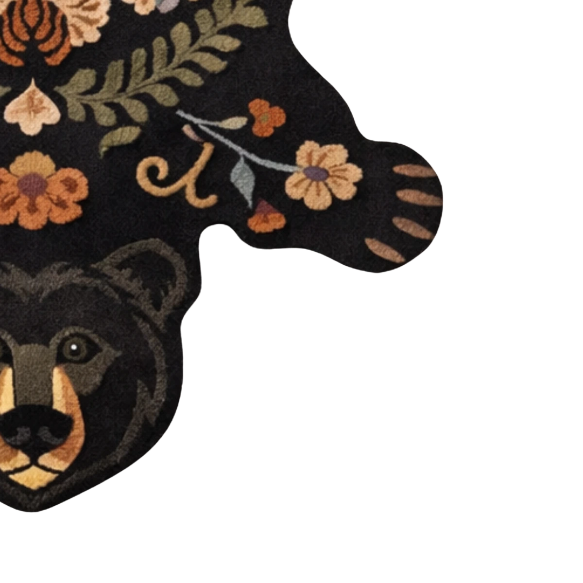 Rug with bear design and floral patterns on a white background
