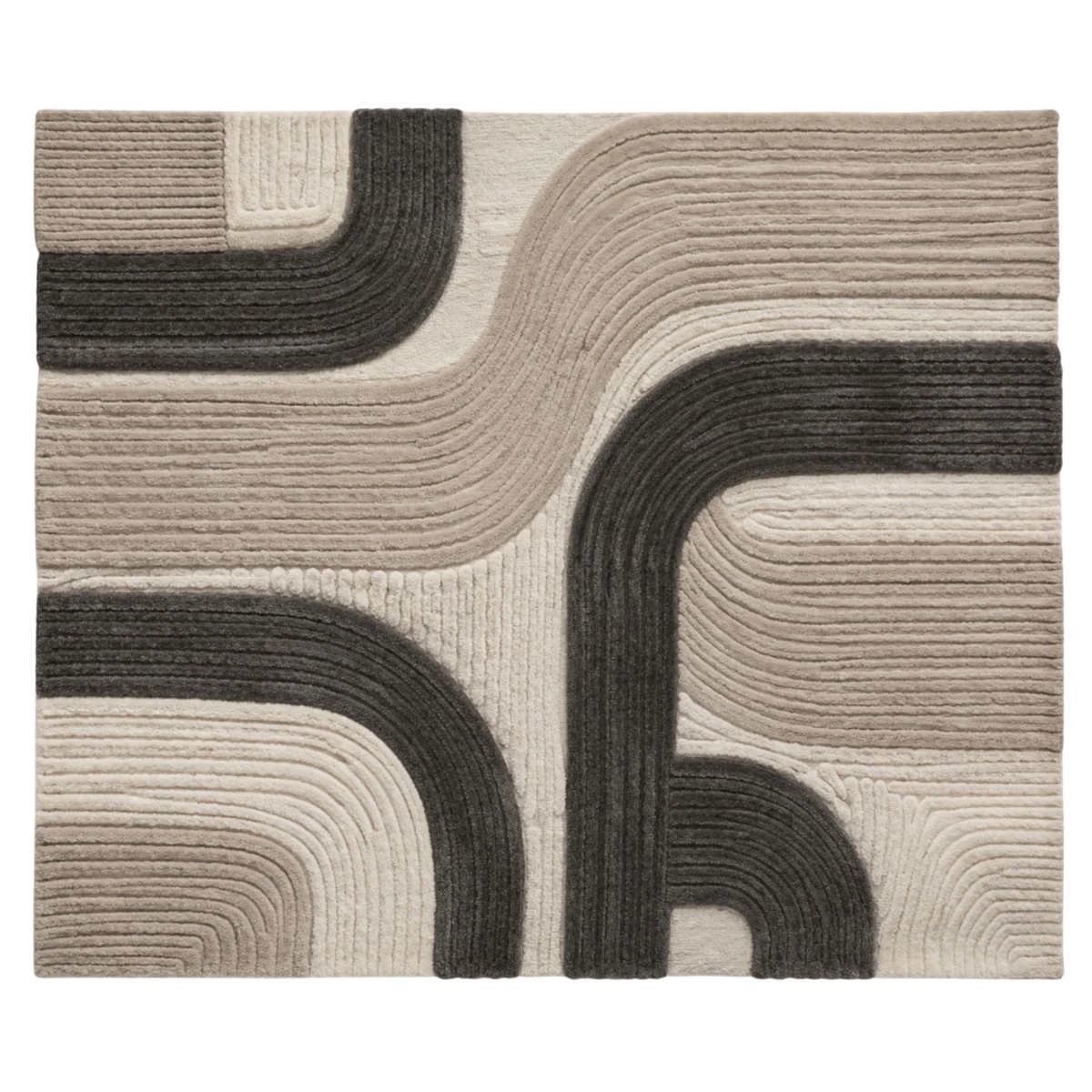 A square area rug with a modern abstract design featuring wavy, flowing lines in dark charcoal gray and warm beige tones, creating a textured, ribbed effect.