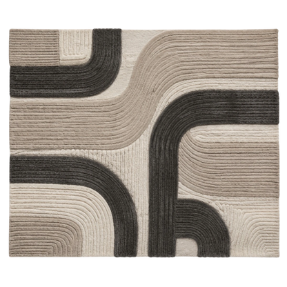A square area rug with a modern abstract design featuring wavy, flowing lines in dark charcoal gray and warm beige tones, creating a textured, ribbed effect.